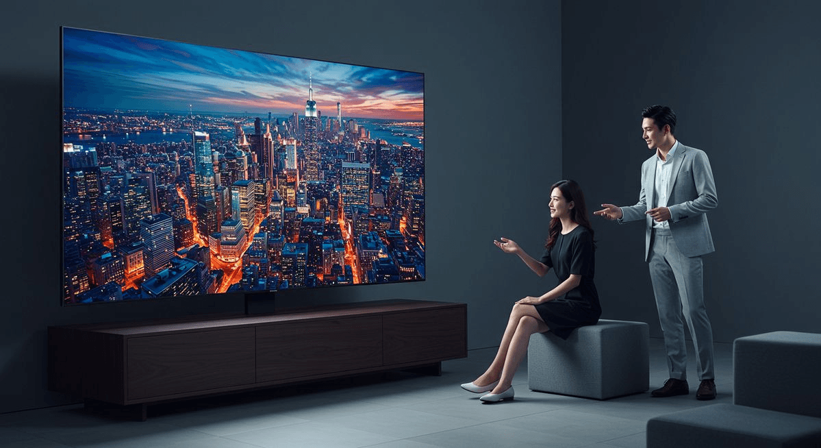 City view with TV display